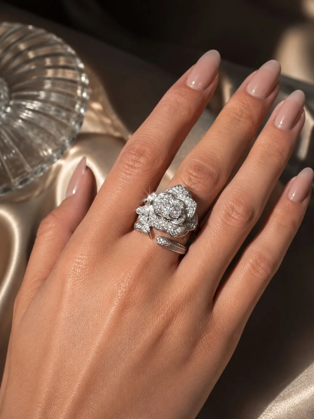 Silver Crystal Rose Statement Ring | Luxe Floral Cocktail Ring | Sparkling Rhine - Picture 4 of 7